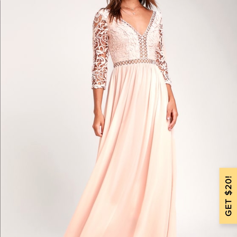 AVALYNN BLUSH THREE-QUARTER SLEEVE LACE MAXI DRESS